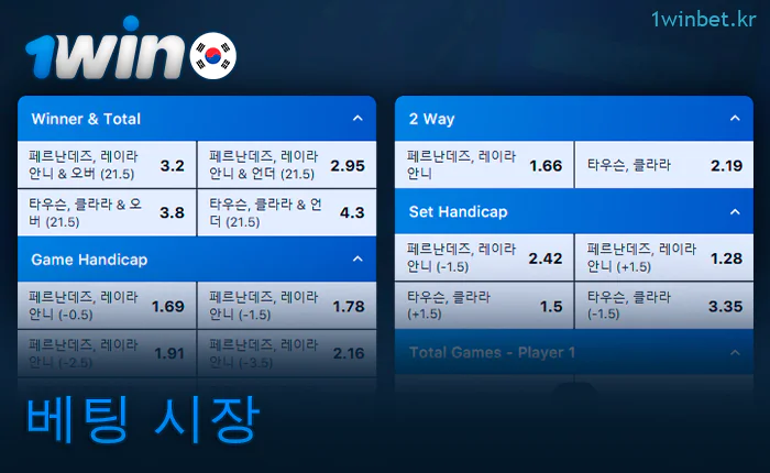 1Win 웹사이트의 다양한 경기 베팅 유형